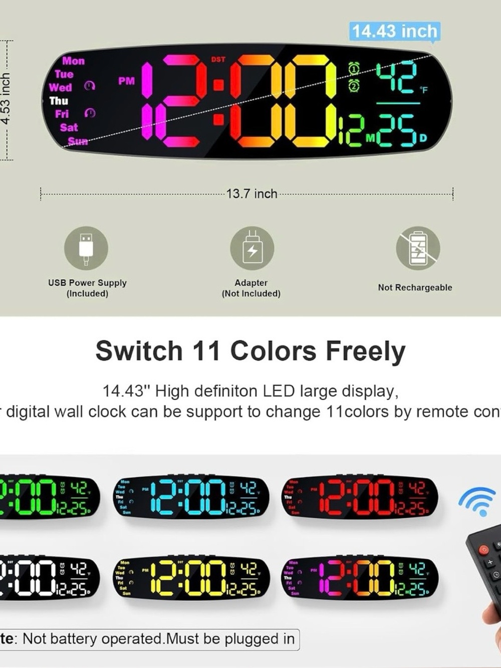 Large LED Digital Wall Clock - Multi-Color Display